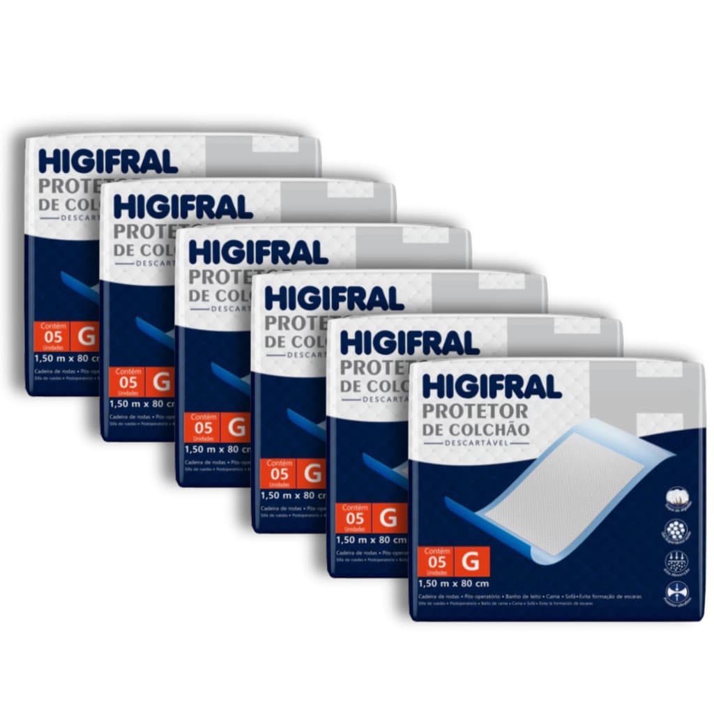 Kit 6 Protetor De Colchão Lençol Descartável Geriátrico Higifral - Tamanho G - Total 30 Unidades