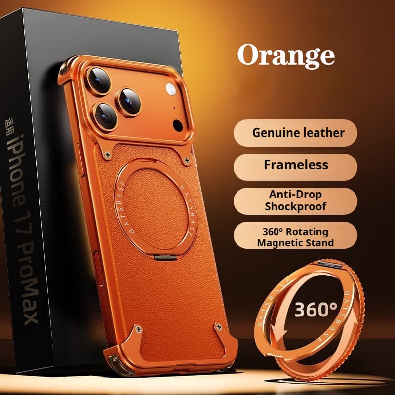 Para iPhone 17 16 15 Pro Max Capa De Telefone De Couro Genuíno Sem Moldura Com 360 ° Anti-Queda Suporte Magnético Girató