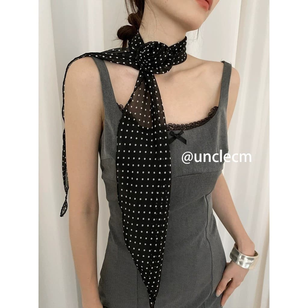 Versão coreana High-End sentido lenço de seda feminino longo bolinhas, 2025 novo estilo rosa cachecol Streamer moda All-