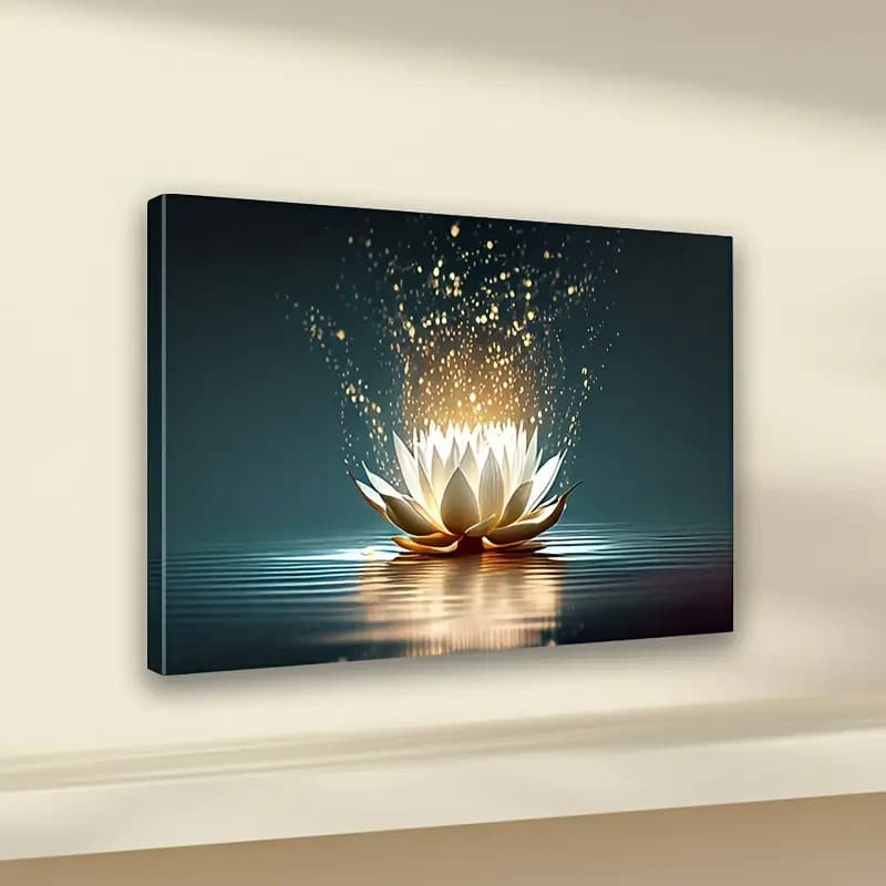 Quadro Decorativo Flor de Lótus Dourada Iluminada Brilho Paz Espiritual
