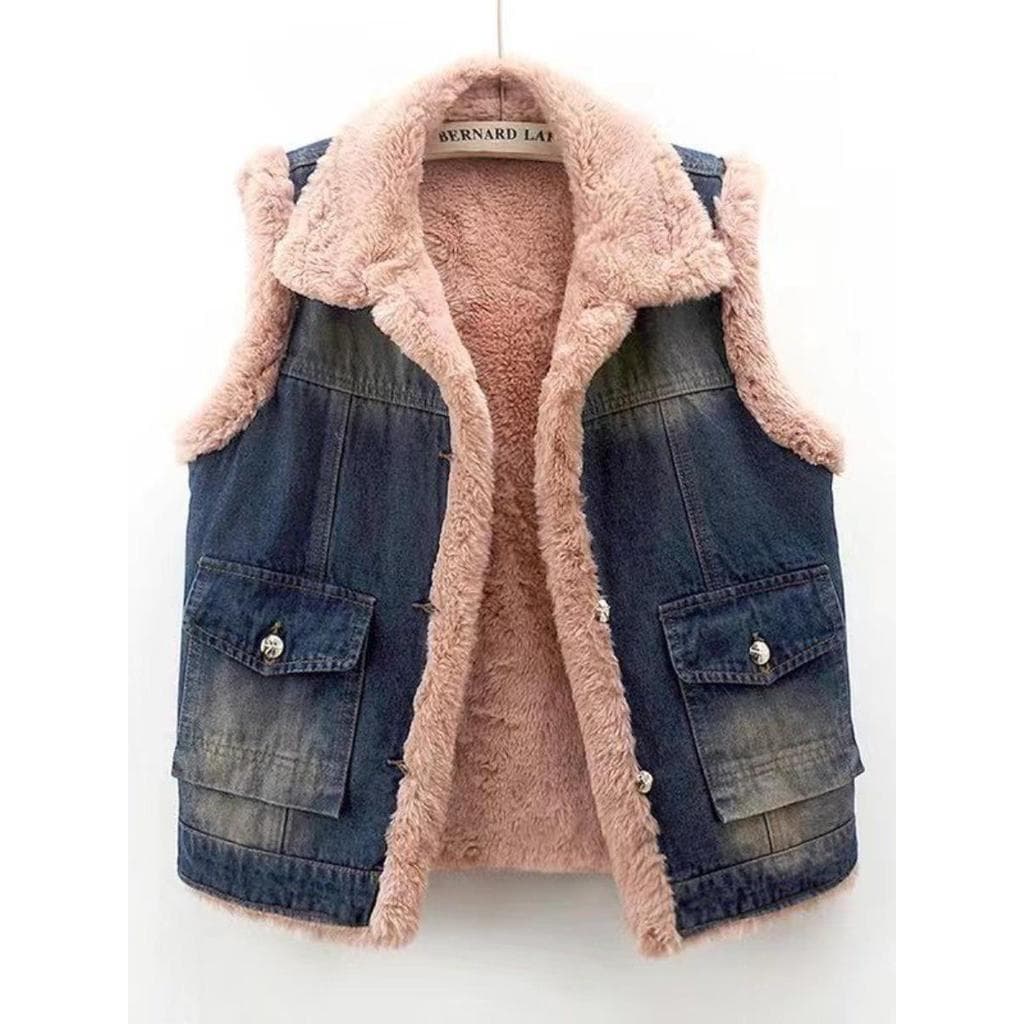 2025 outono inverno novo estilo único Popular imitação de lã forro grosso Denim colete de algodão feminino jaqueta