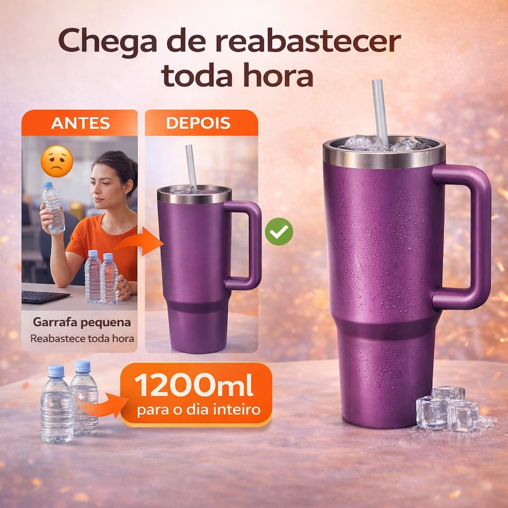 Copo Térmico 1200ml Inox com Alça e Canudo Parede Dupla Garrafa Térmica Grande Cor Roxo