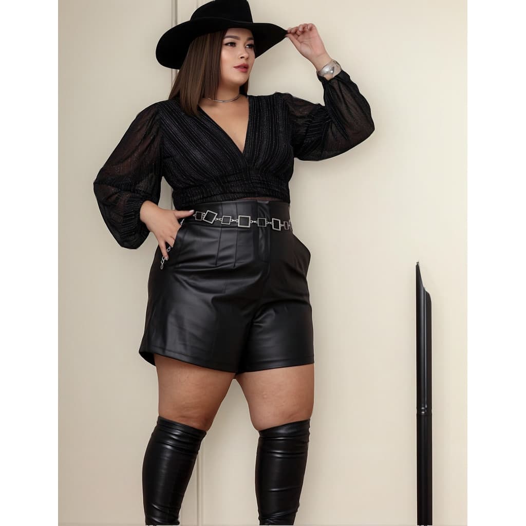 Conjunto Feminino Plus Size Brilho E Couro Pronta Entrega