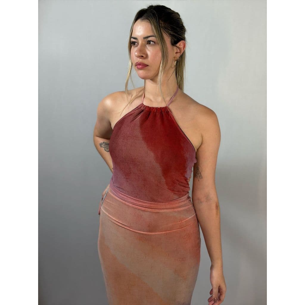 Vestido Tule Regata Decote Costas Longo Elegante Festa Moda Feminina Amarração Frente Unica