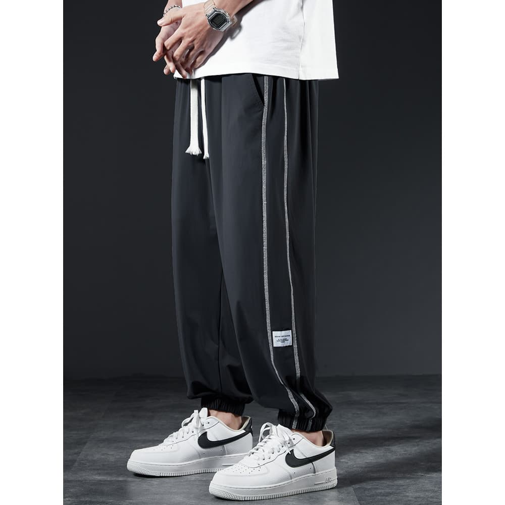 Calça de moletom masculina verão gelo seda calças esportivas soltas tornozelo comprimento calças de seda gelo elástico m
