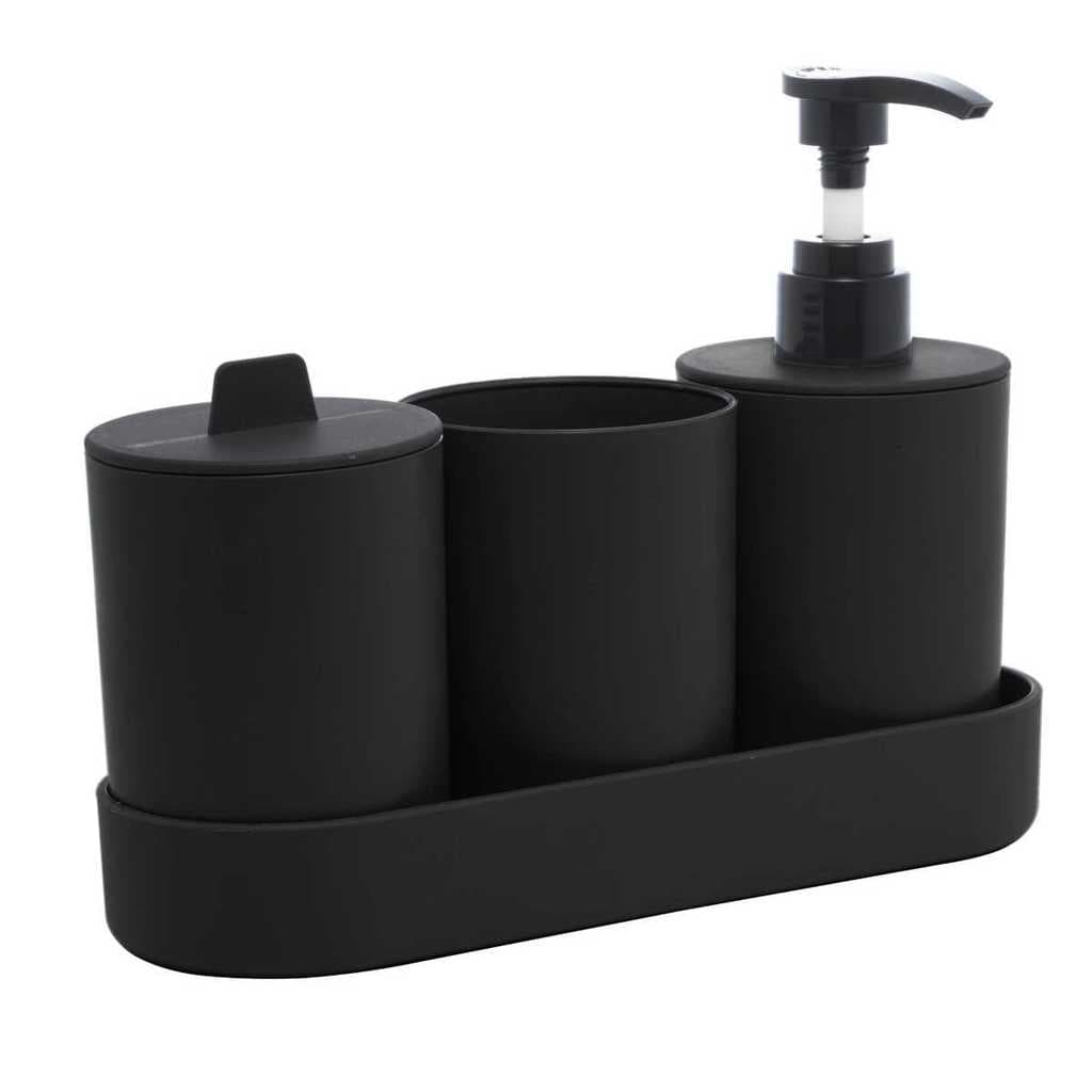 Conjunto 4 Peças Para Banheiro Preto em Plástico Ecológico Dispenser Porta Algodão Escova