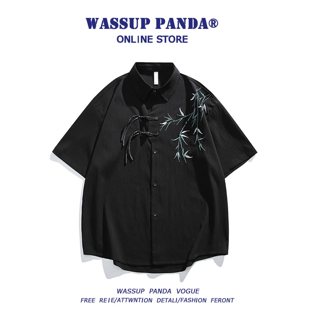 WASSUP PANDA Estilo Chinês Novo Bambu Chinês Bordado Camisa de Manga Curta Homens Verão Street Wear Camisa Casual Solta