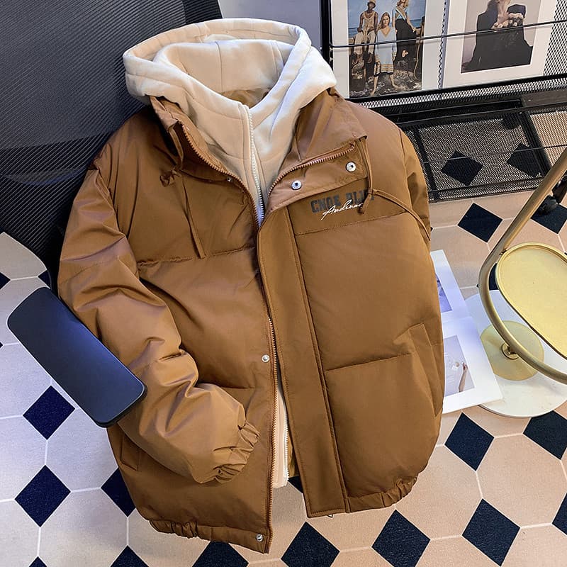 Jaqueta acolchoada com letras americanas, jaqueta masculina de alta rua, roupa de rua solta, falsa, acolchoada de duas p
