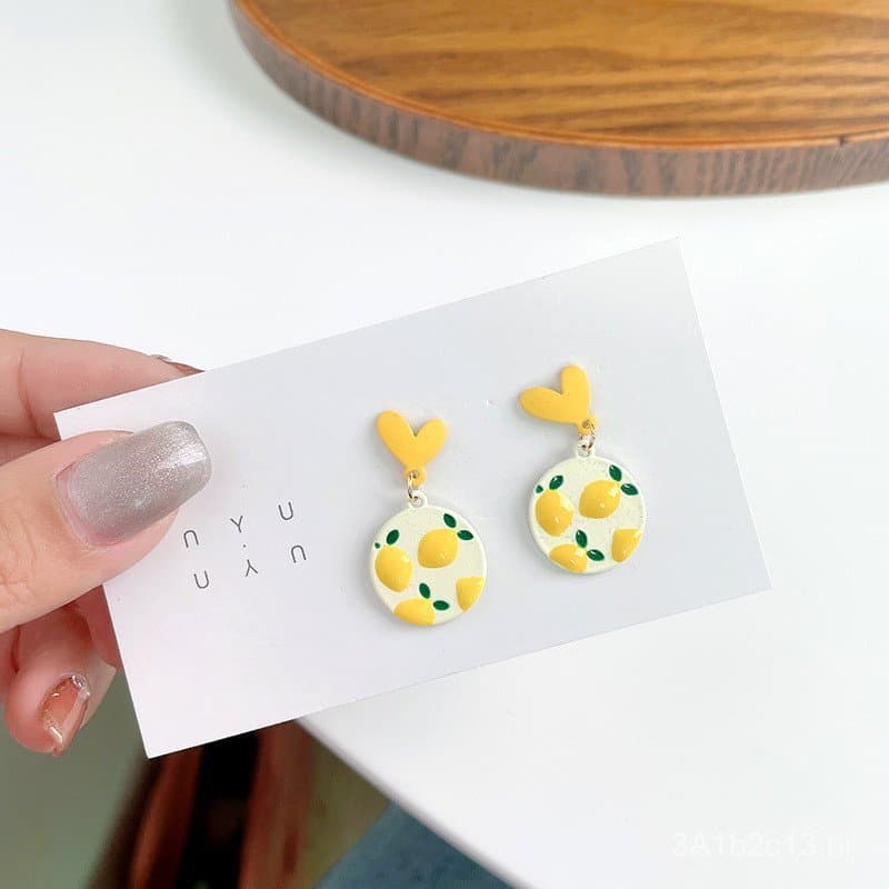 Brincos coreanos em formato de coração de limão com agulha de prata S925, frescos e delicados, versáteis e elegantes, ad
