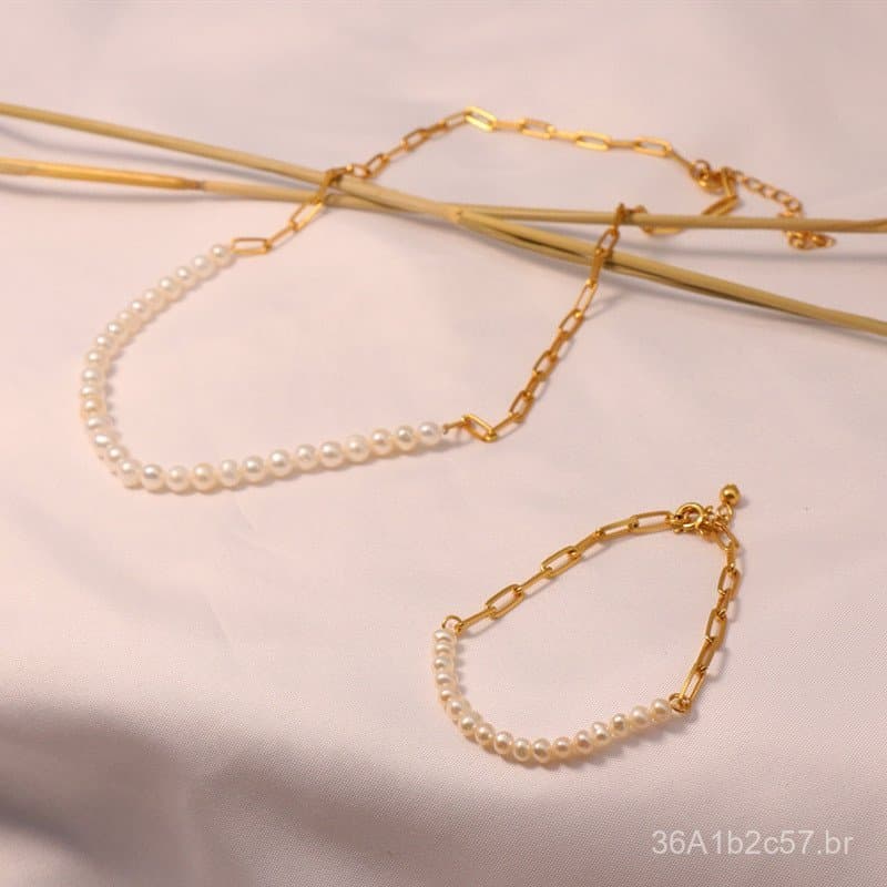 Conjunto de colar e pulseira de pérolas de água doce com corrente dourada fosca, estilo retrô, simples e elegante, de mo