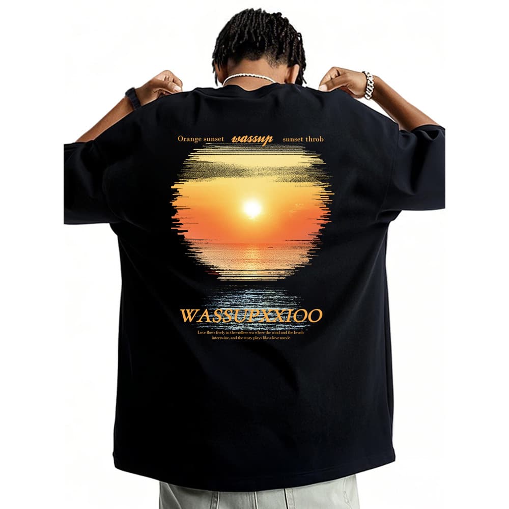 WASSUP Sunset Design Camiseta de manga curta masculina 2025 Novo estilo National Street Wear Algodão pesado solto meia m