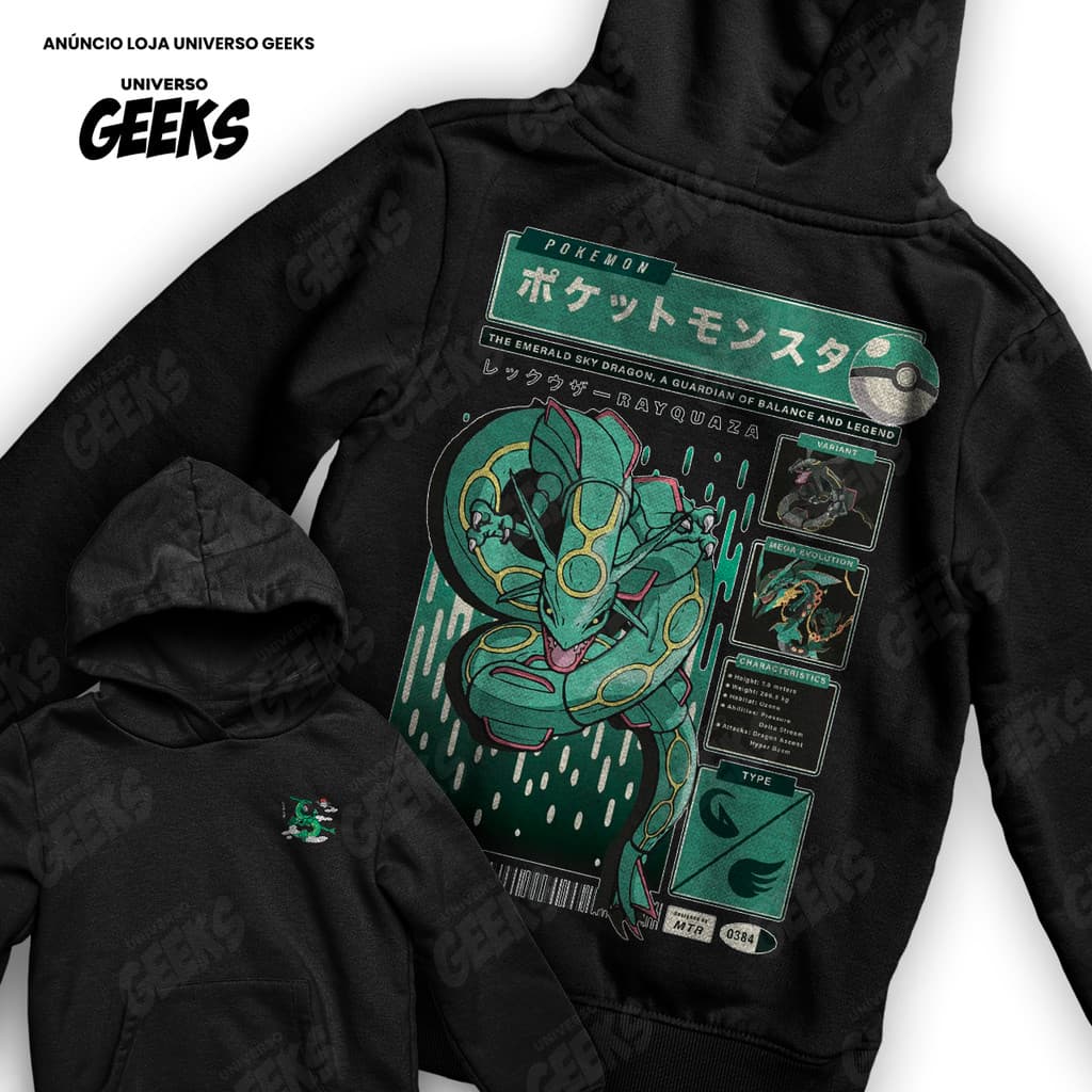 Moletom Pokemon Rayquaza Lendário Anime Gamer Frente E Verso Blusa De Frio