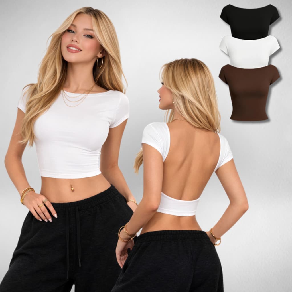 Cropped Feminino Costa Nua Ombro a Ombro Baby Tee Suplex Manga Curta Moda Verão Entrega Rápida