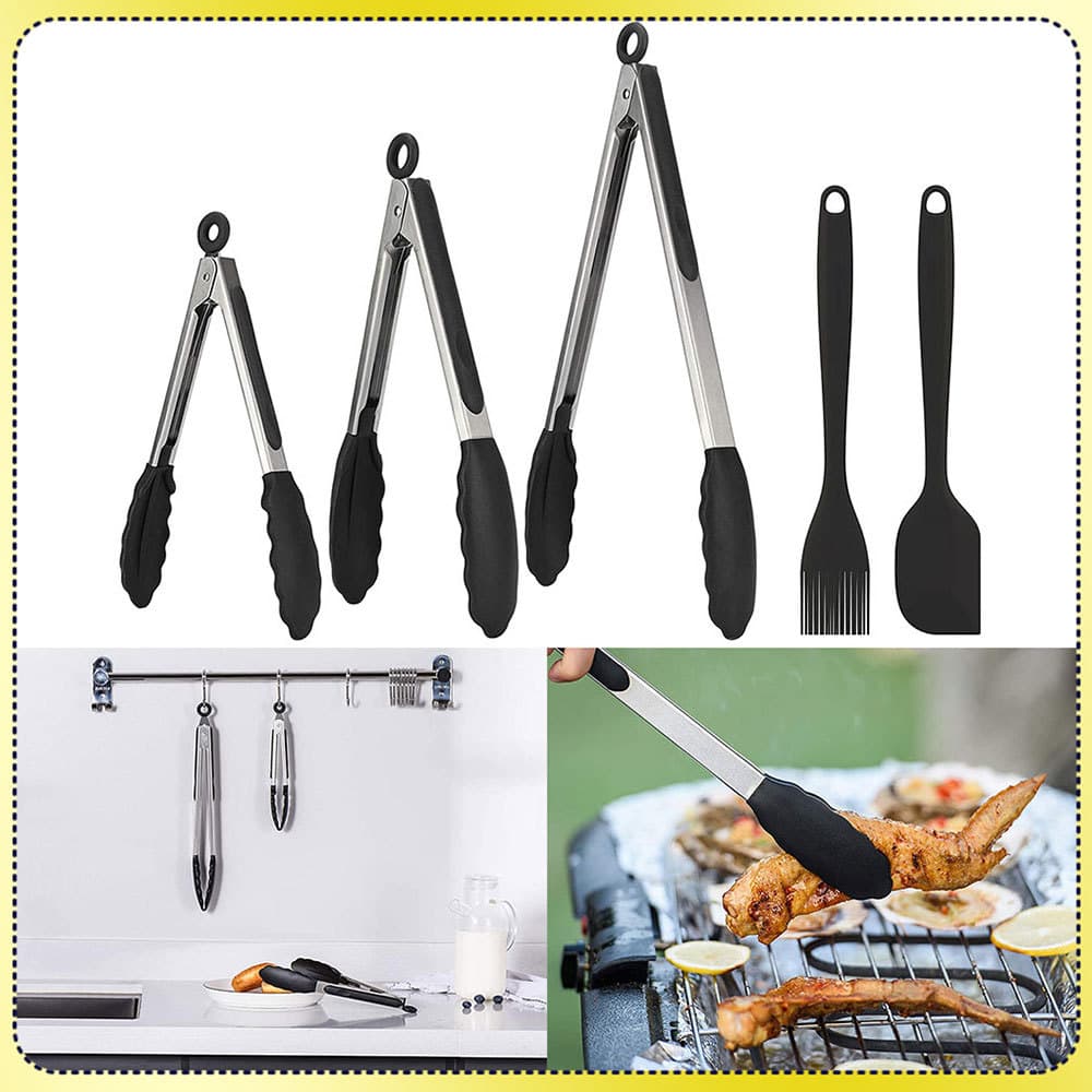 Pinças para alimentos em aço inoxidável espátula de silicone pincel de silicone pinças de silicone conjunto com 5 peças