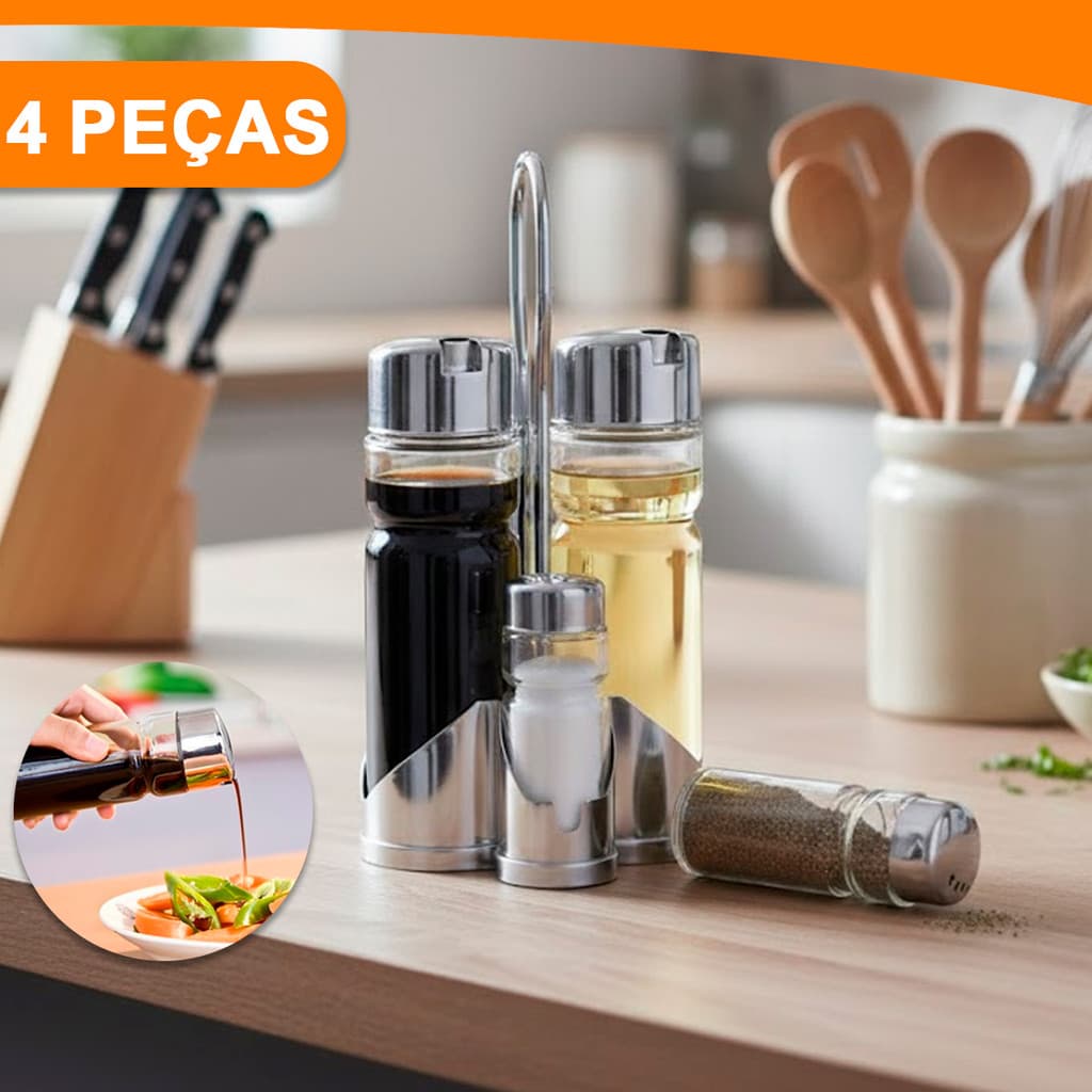 Kit Galheteiro de Vidro 4 Peças Azeite Sal Vinagre Jogo Saleiro porta tempero Dosador 160ml