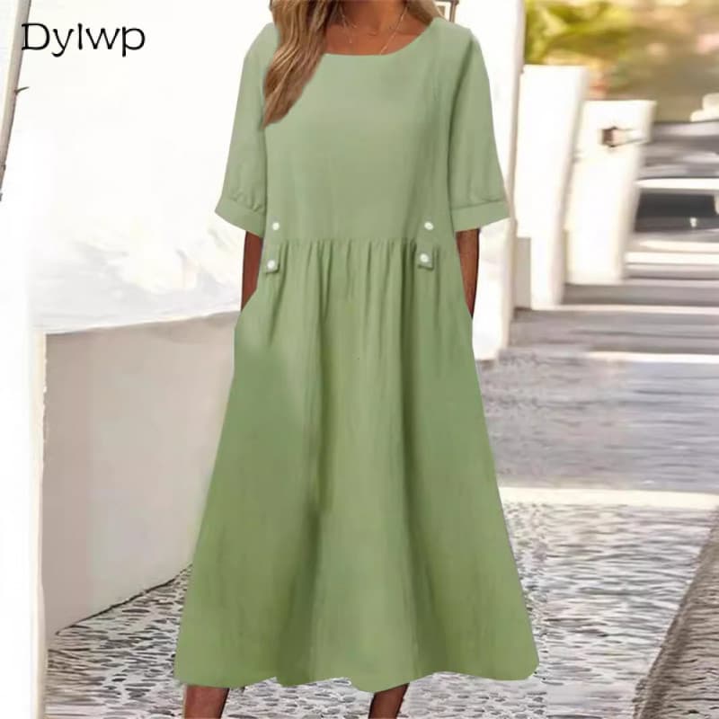 Vestido Feminino De Manga Curta Verão Gola Redonda Longo Solto