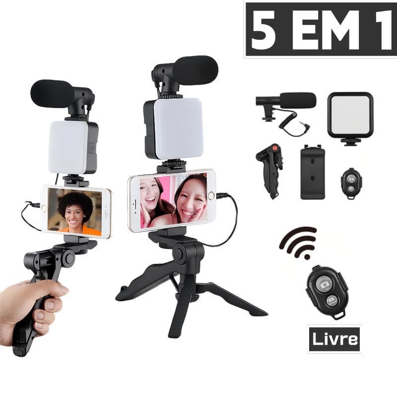 Tripé Estabilizador Gimbal de Mão Vlog Live Suporte Celular Led Microfone Fazer Vídeos Fotografia Luz