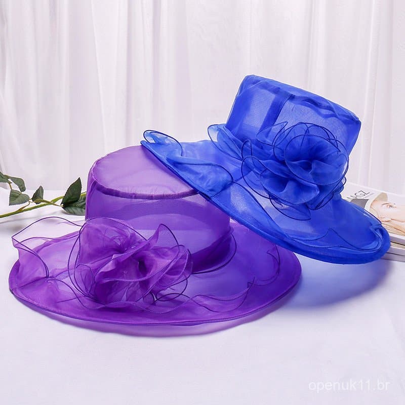 Chapéu de proteção solar floral de aba larga em organza, estilo europeu e americano, respirável, com laço, popular entre