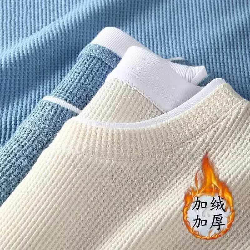 Waffle camisa de fundo masculina de manga comprida camiseta em torno do pescoço outono inverno velo quente jogo interno