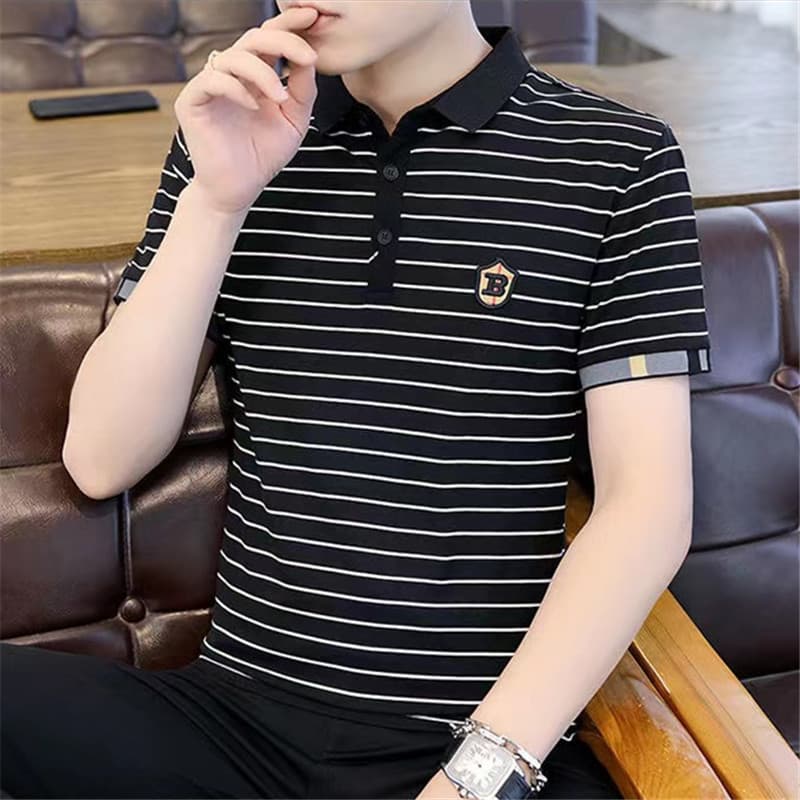 Verão listrado de manga curta camiseta polo masculina bordado gelo seda lapela Street Wear versão coreana Sli