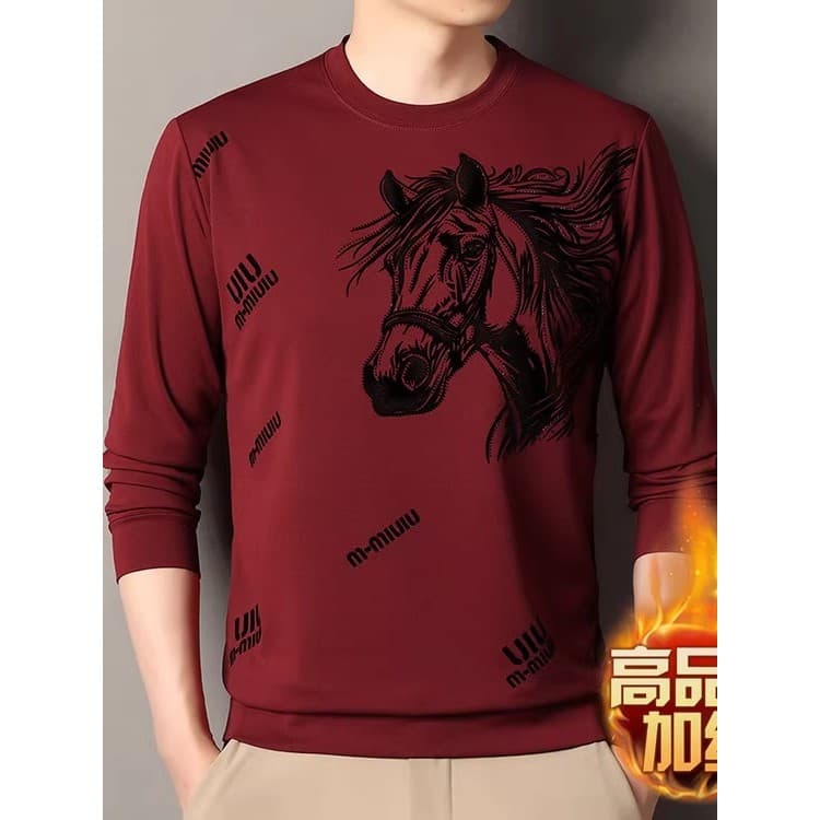 2025 outono inverno forro de lã engrossado em torno do pescoço moletom cavalo ano Benming ano impresso diamante camisa d