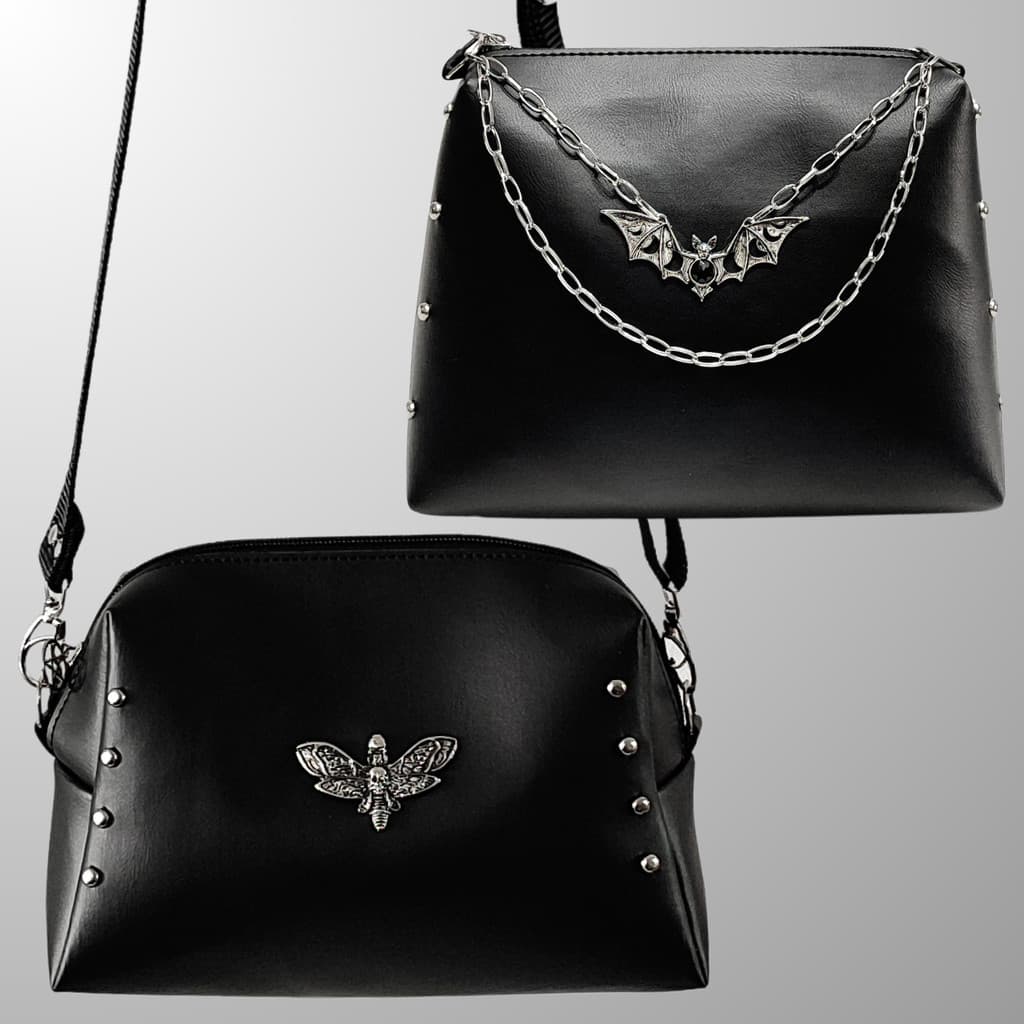 Kit 2 Bolsas Góticas Tiracolo Mariposa Caveira Morcego Fases Lunares Dark