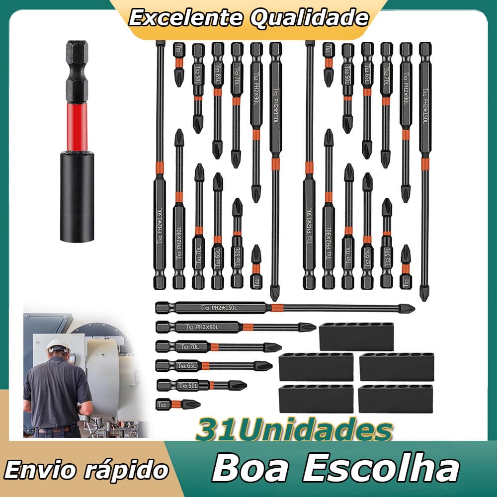 31 Pontas Magnéticas para Parafusadeira Impacto Imantado Cabo Hexagonal 1/4" Furadeira Parafusadeira Elétrica