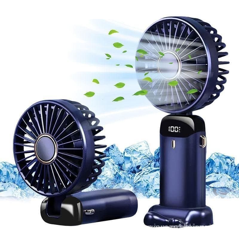Ventilador Portátil de Mão com Base e Cordão, Ventilador Pequeno Dobrável Recarregável por USB com 5 Velocidades Ajustáv