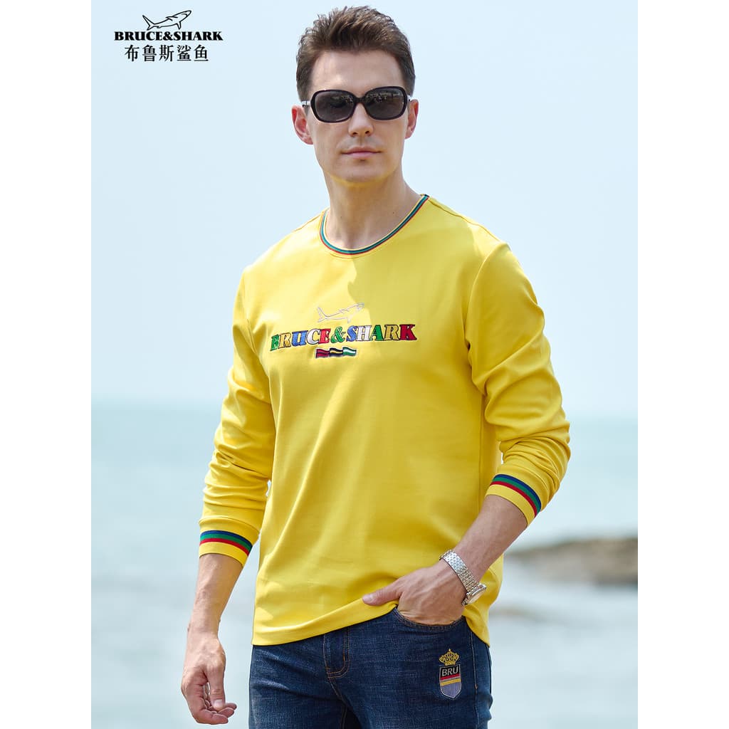 Primavera outono camiseta masculina grossa tamanho grande manga comprida Bruce Shark Street Wear masculino solto bordado