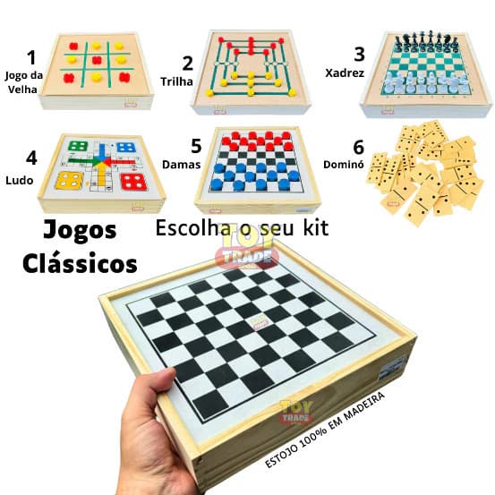 Jogos Tabuleiro de Mesa Clássico Dama, Xadrez, Jogo Da Velha, Ludo, Trilha, Dominó Escolha seu Jogo
