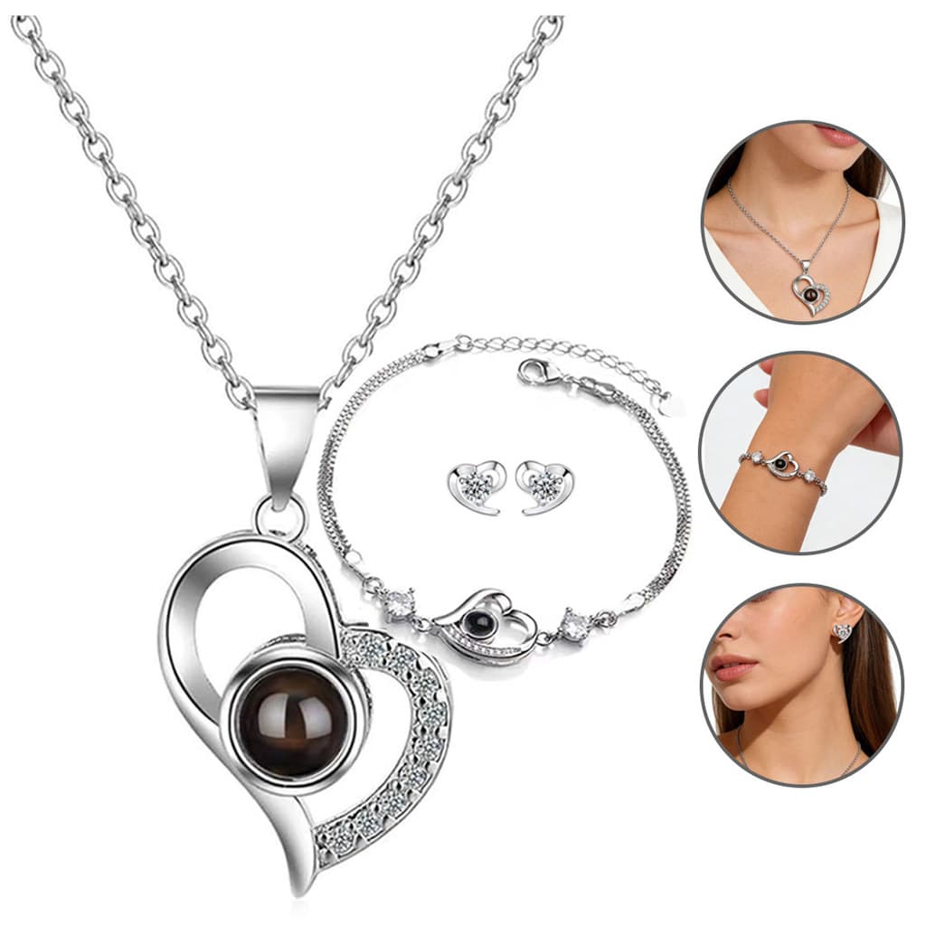 Conjunto de joias de 4 peças de coração duplo prateado contém 100 idiomas eu te amo colar pulseira brincos par embalagem