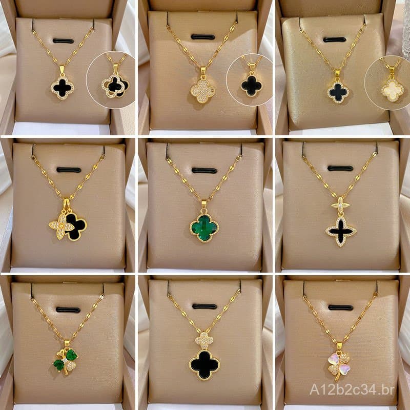 Colar da Sorte para Mulheres em Aço Titânio, com Micro-Incrustações de Cobre e Banho de Ouro Real, Colar de Clavícula Si