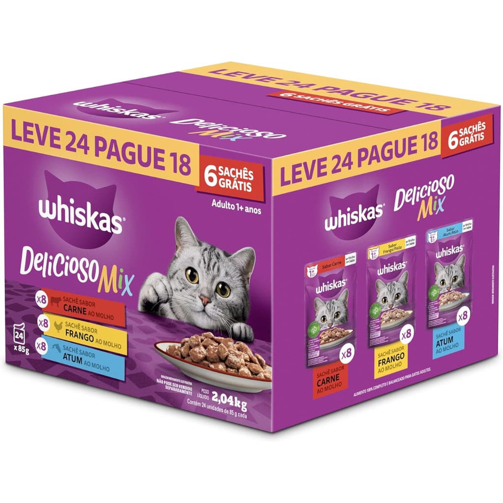 Kit Ração Úmida Whiskas Sachê Carne/Frango/Atum para Gatos Adultos - Leve 24 Pague 18
