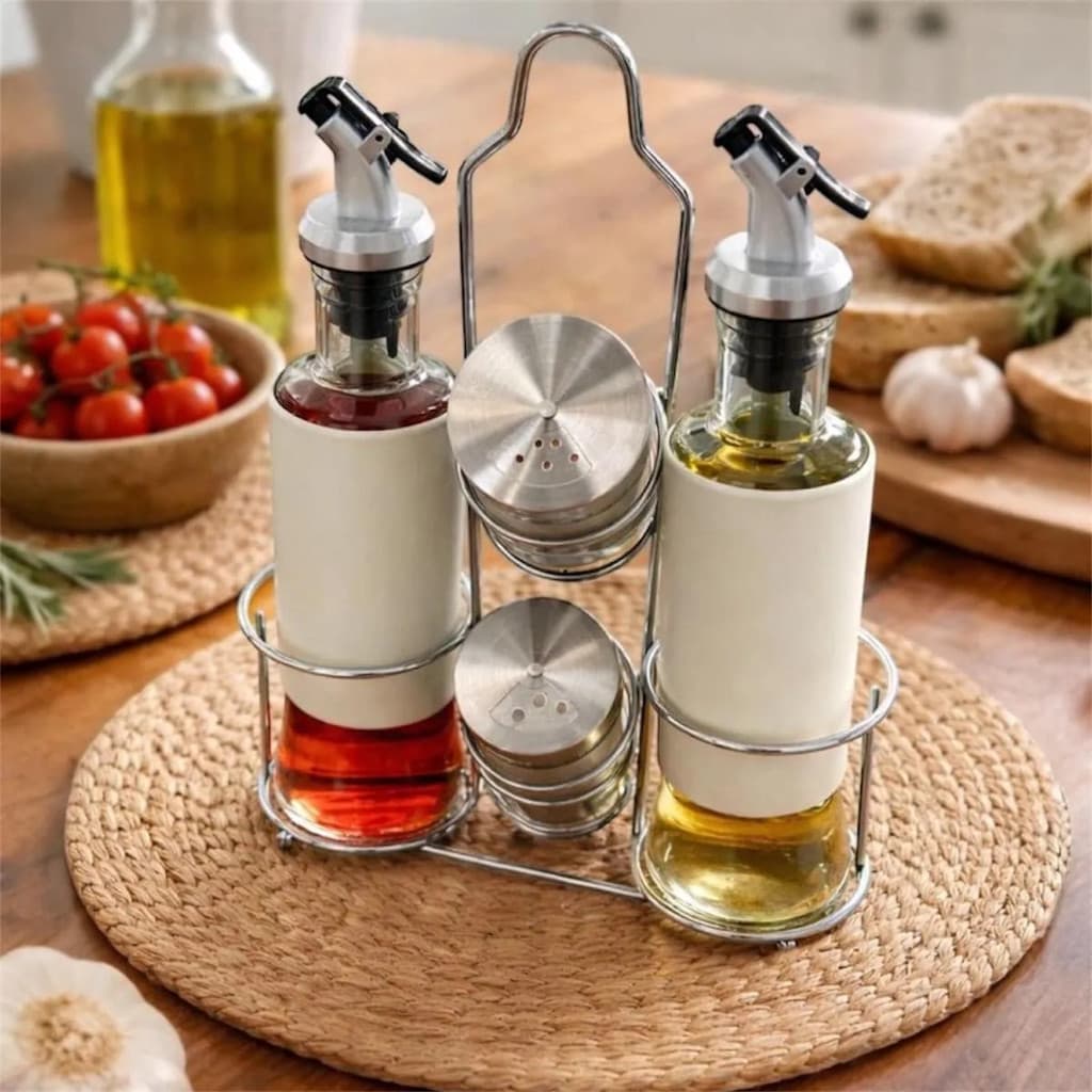 Conjunto Galheteiro De Vidro Com Suporte 5 Peças - Creme