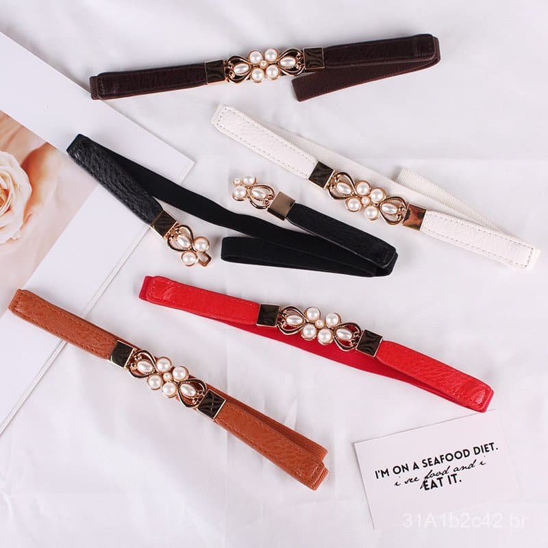Cinto fino para mulheres, versátil e adequado para vestidos, corrente elástica para cintura com decoração de pérolas, ci