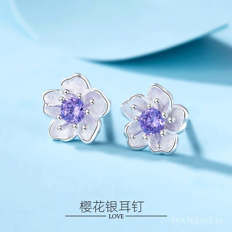 Brincos de prata pura 999, brincos de flor de cerejeira com incrustação de zircônia, design floral, fresco e delicado, e