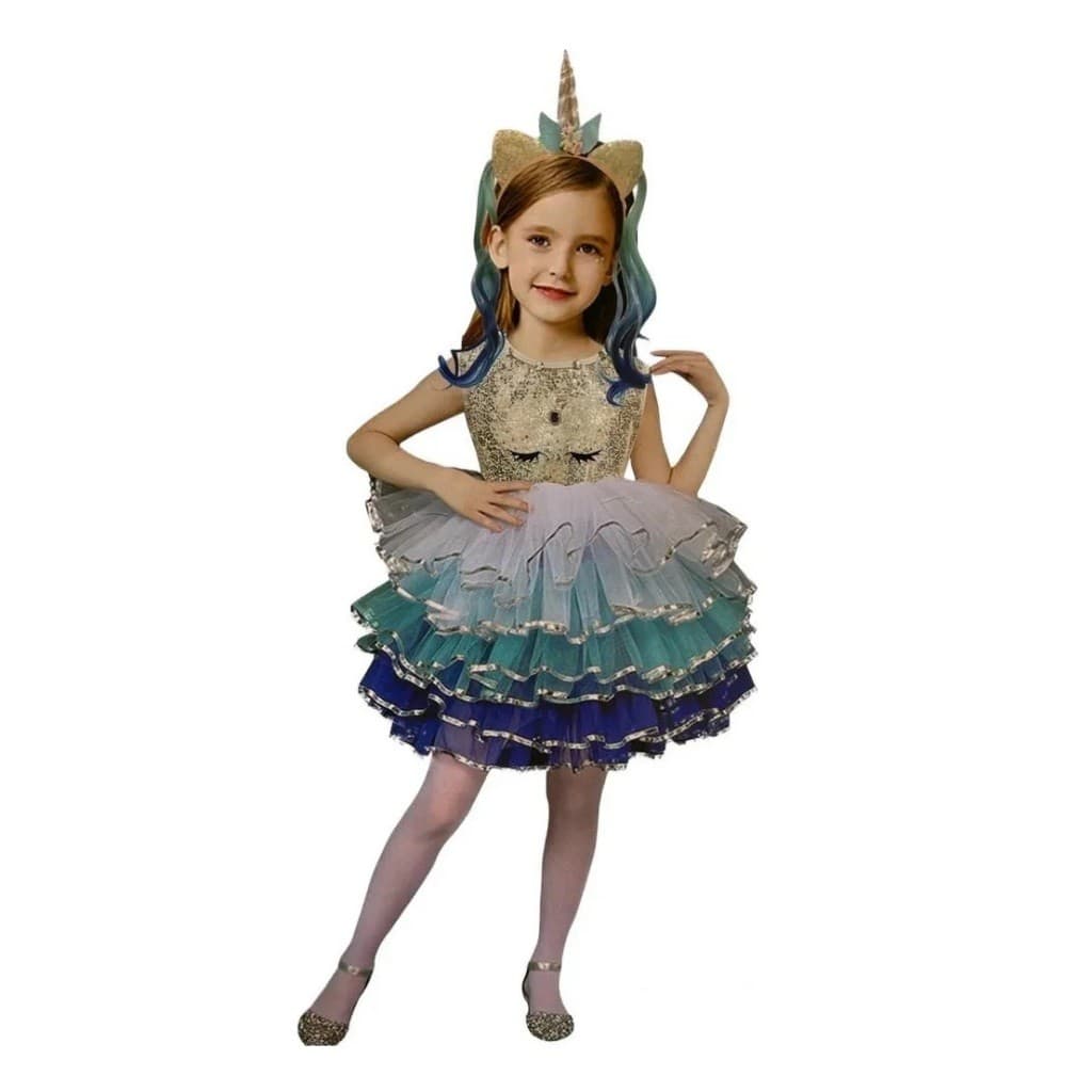 Fantasia Infantil Menina Luxo Unicórnio Azul Com Arco de Cabelo (4-9anos)