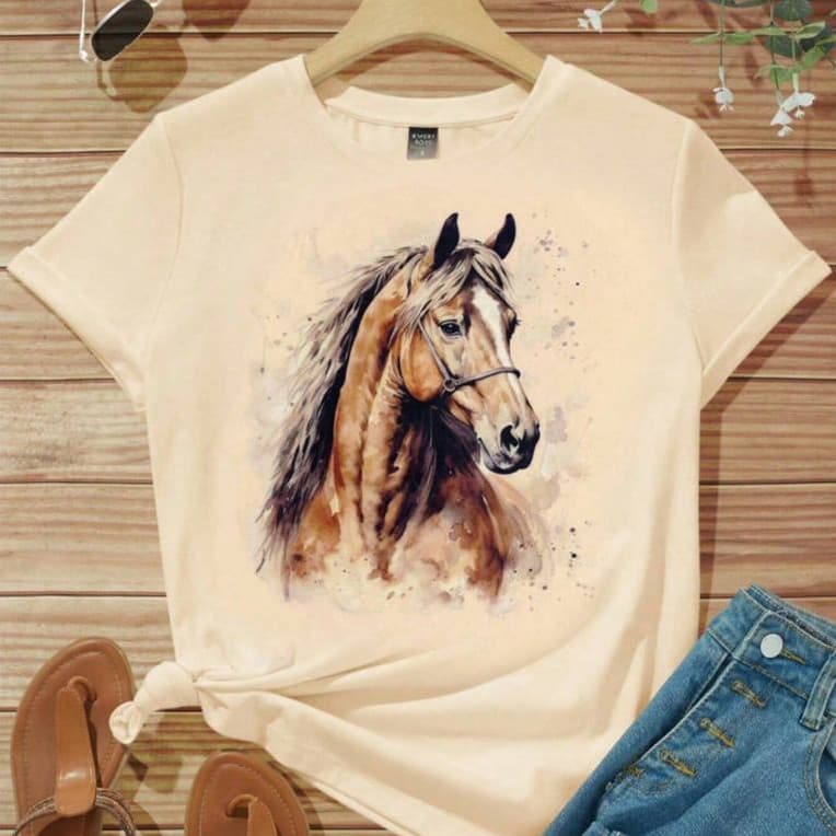Camiseta Blusa Feminina T-Shirt Cavalo Marrom 100%Algodão