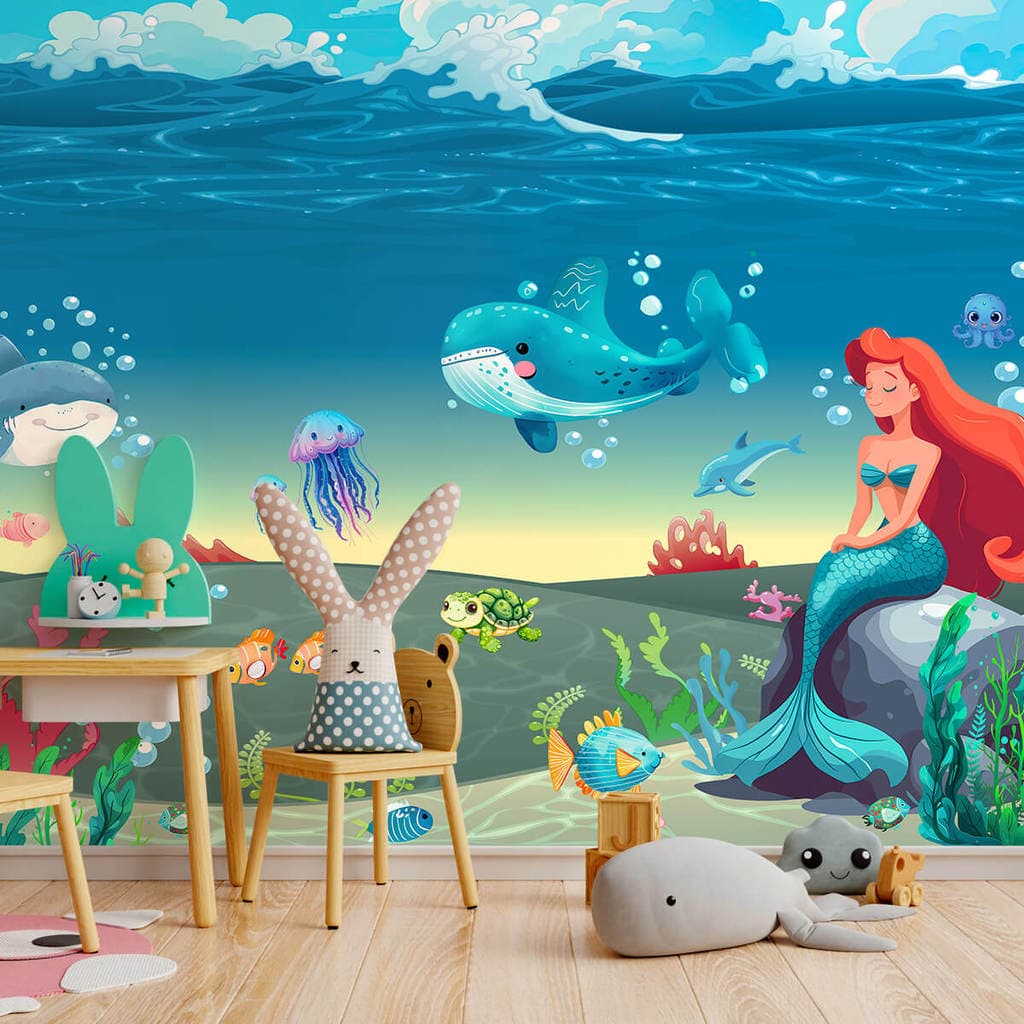Papel De Parede Adesivo Infantil Fundo Do Mar Com Sereias