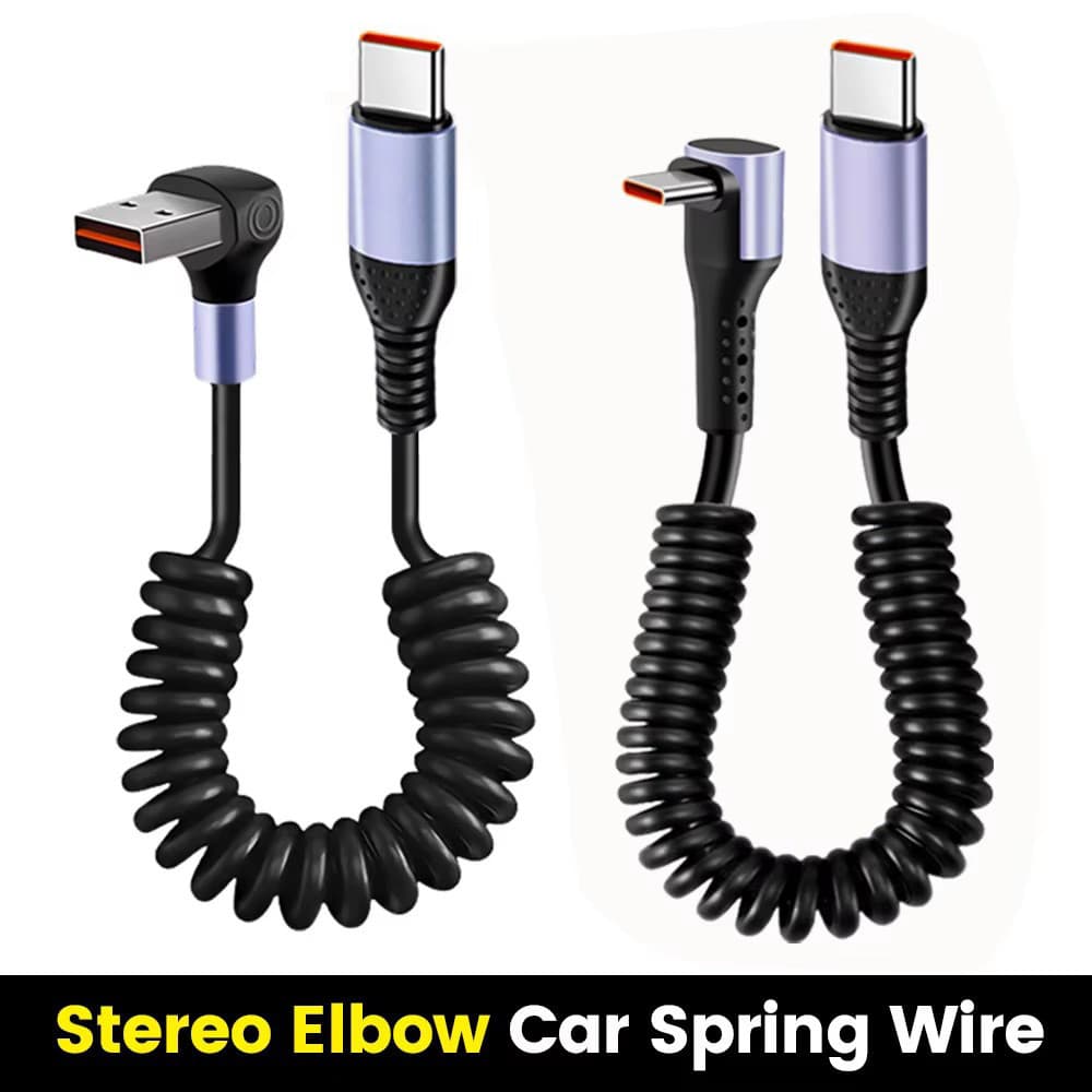 Elough 66W 6A Cabo De Dados De Mola De Carro Cotovelo Estéreo Retrátil USB C Para Type Carregamento Rápido Fio