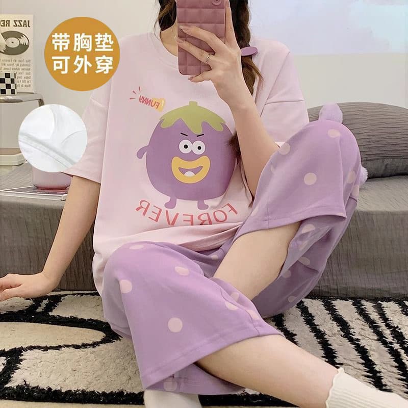 Pijamas femininos verão puro algodão manga curta calças cortadas fino bonito dos desenhos animados Casual Loungewear con