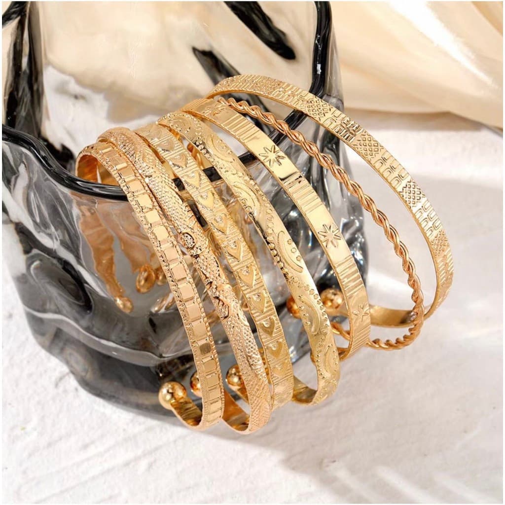Conjunto De Pulseiras Femininas Com Design Geométrico Largo Vintage De 7 Peças , Acessórios Chiques Para Uma Declaração
