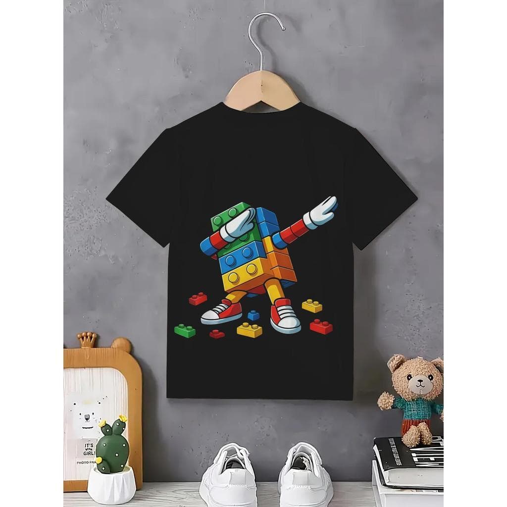 Camiseta Infantil Unissex 100% Algodão Estampa Blocos Streetwear Visual Urbano Tecido Leve Conforto para Uso Diário