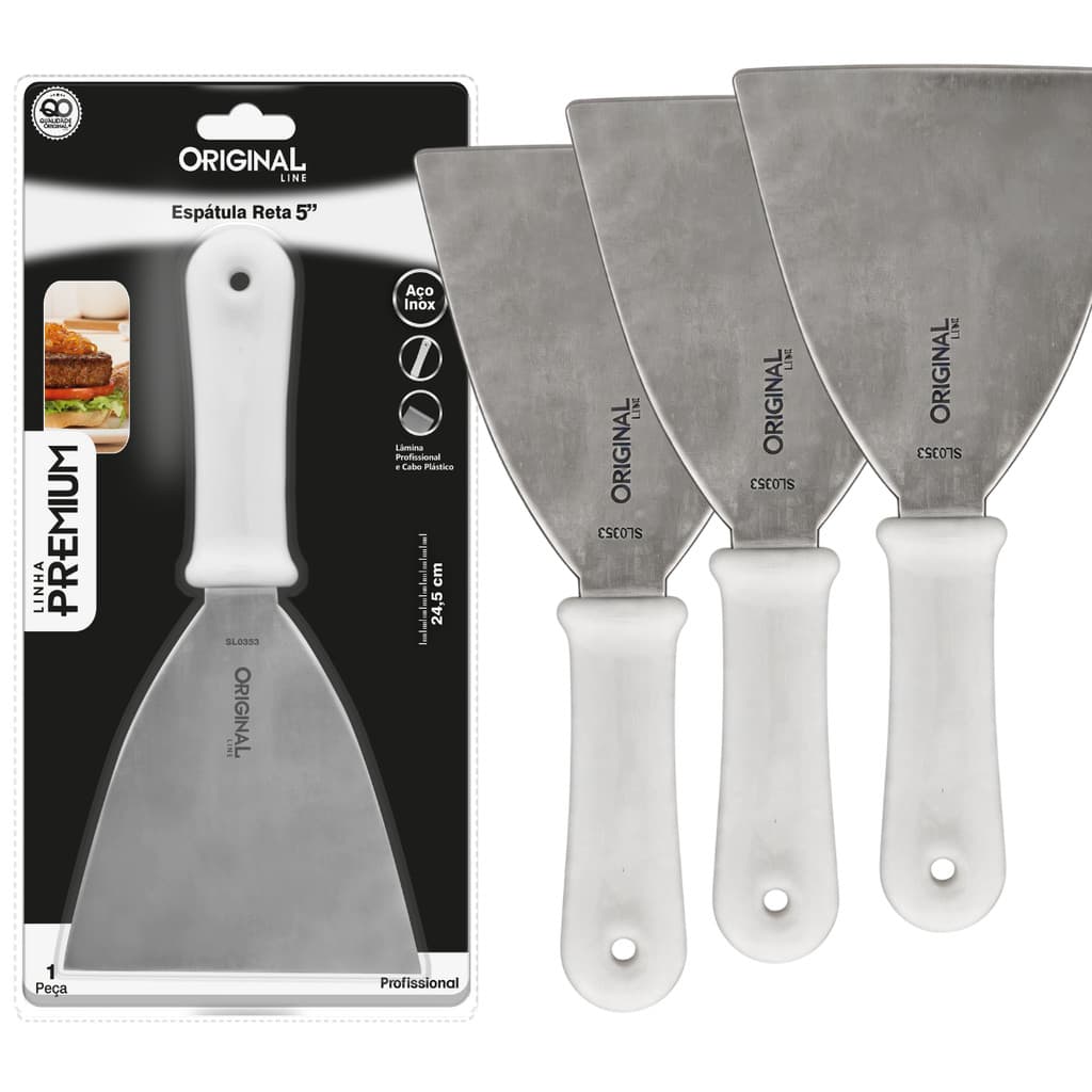 Kit 3 Espátulas Inox Reta 5 Chapeiro Chapa Pizza Cor Branco