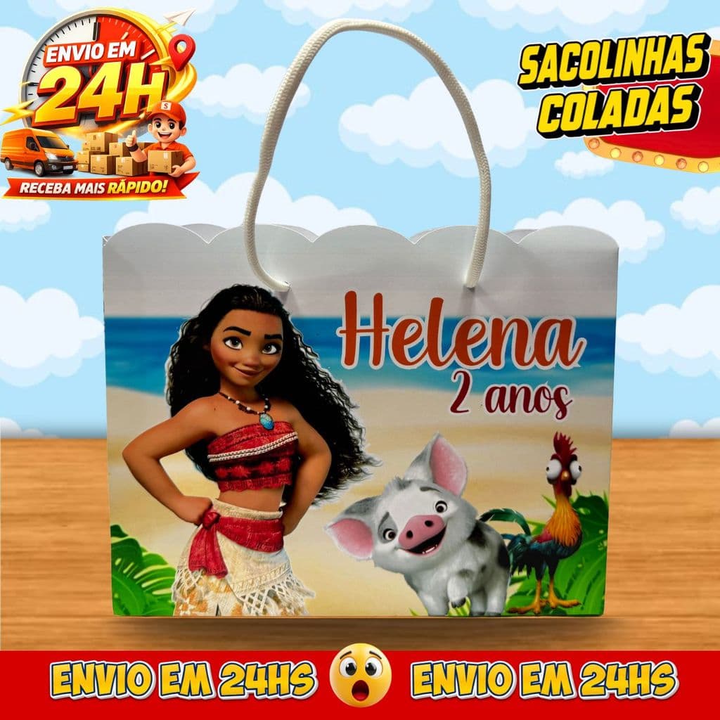 Sacolinhas Moana Personalizadas - Lembrancinhas Infantil Dinossauro Premium com Nome e Idade