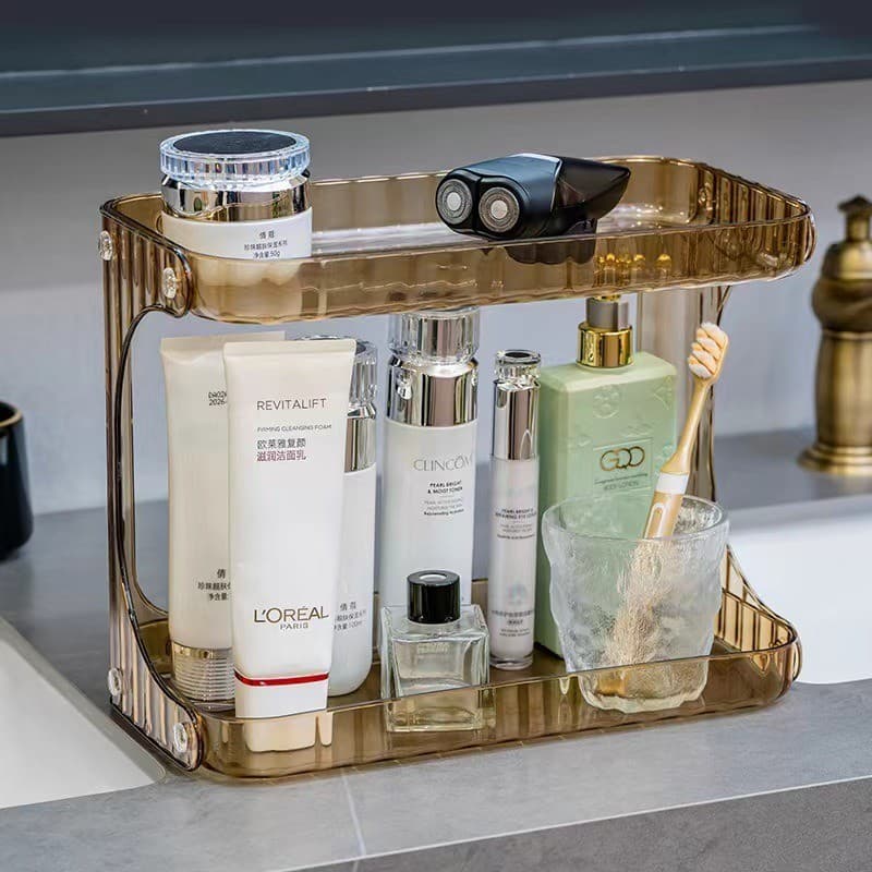 Rack de armazenamento de cosméticos de prateleira dupla para banheiro de mesa acrílica