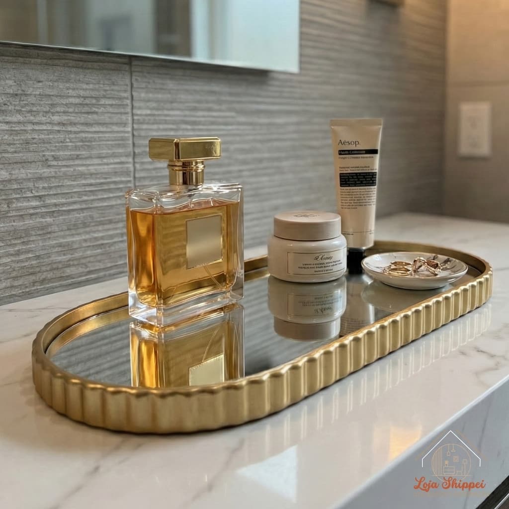 Bandeja Decorativa Espelhada Luxo Oval Dourada Champanhe Preta Porta Joias Perfumes
