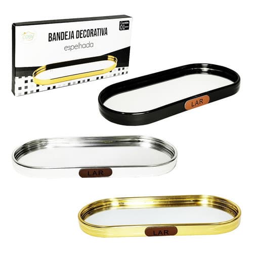 Bandeja De Aluminio Com Espelho Oval Decorativa 22X9,5Cm
