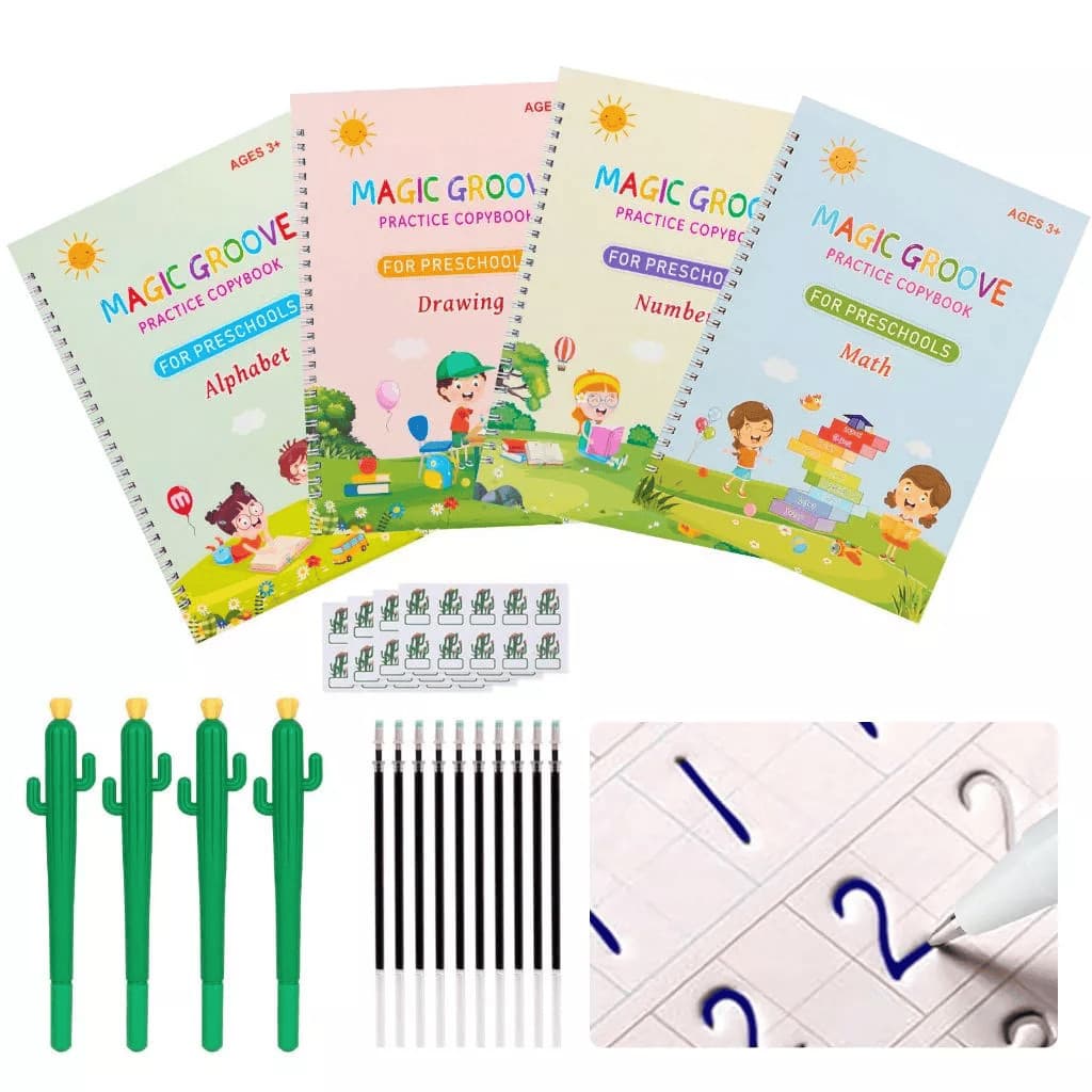 Caderno Mágico de Caligrafia Reutilizável | Kit com 4 Livros e Caneta | Infantil