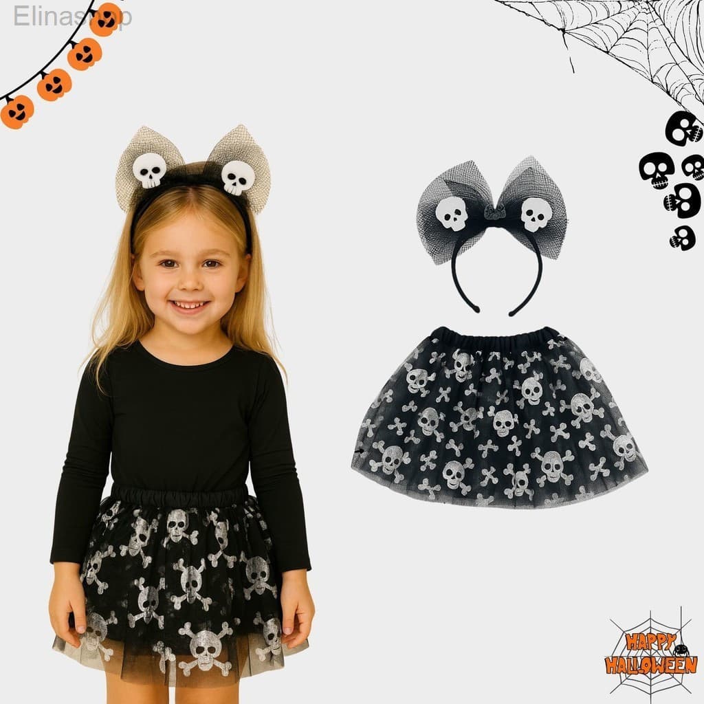 (V)Fantasia Infantil Caveirinha Halloween – Saia Tule 30cm + Tiara com Laço e Caveiras 💀🎃VVHU